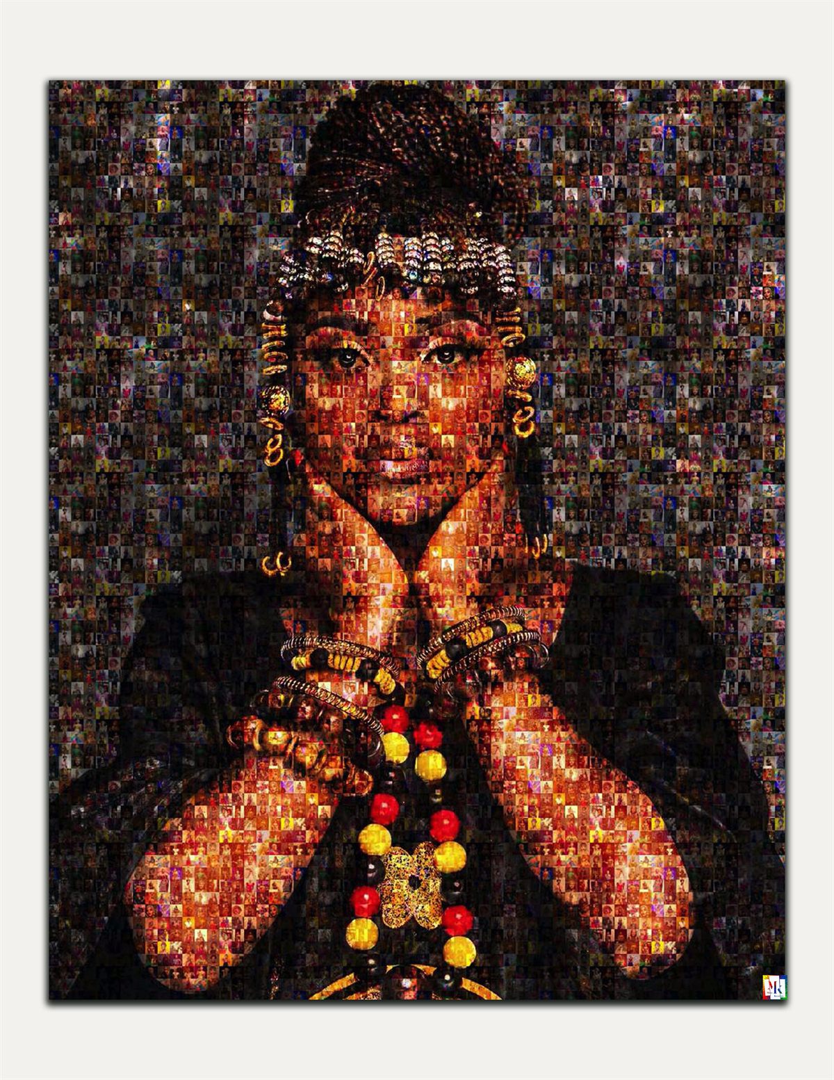 A portrait of a woman in Ghanaian regalia, built from hundreds of small photographs.