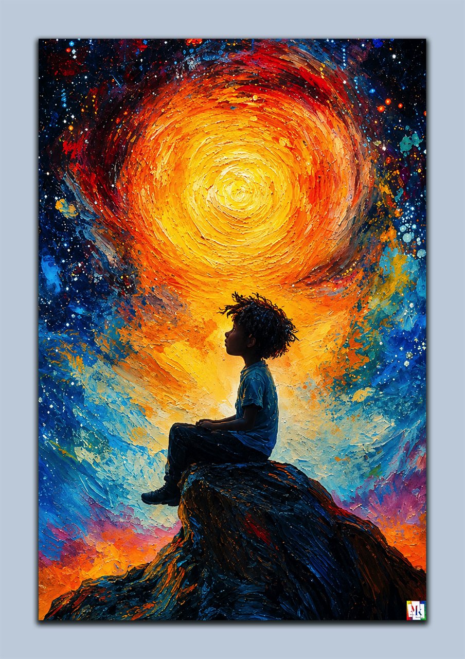 Reverence — a boy sits on a rocky peak gazing up at a swirling golden sun in a vivid starry sky